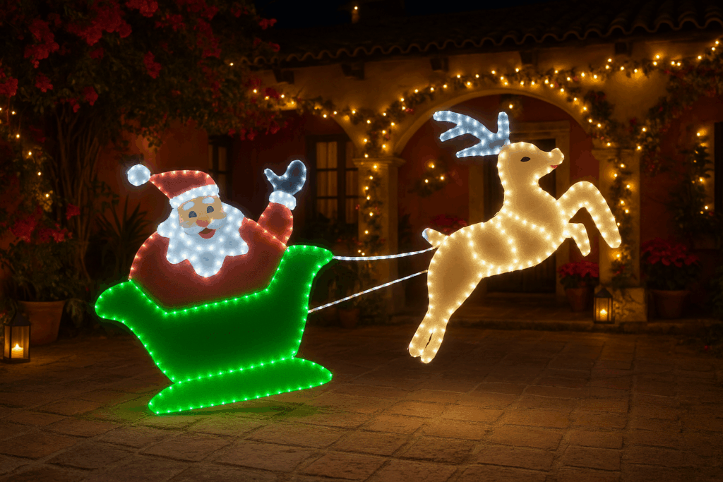 Trineo de Papá Noel con Reno en manguera led en el patio de una casa