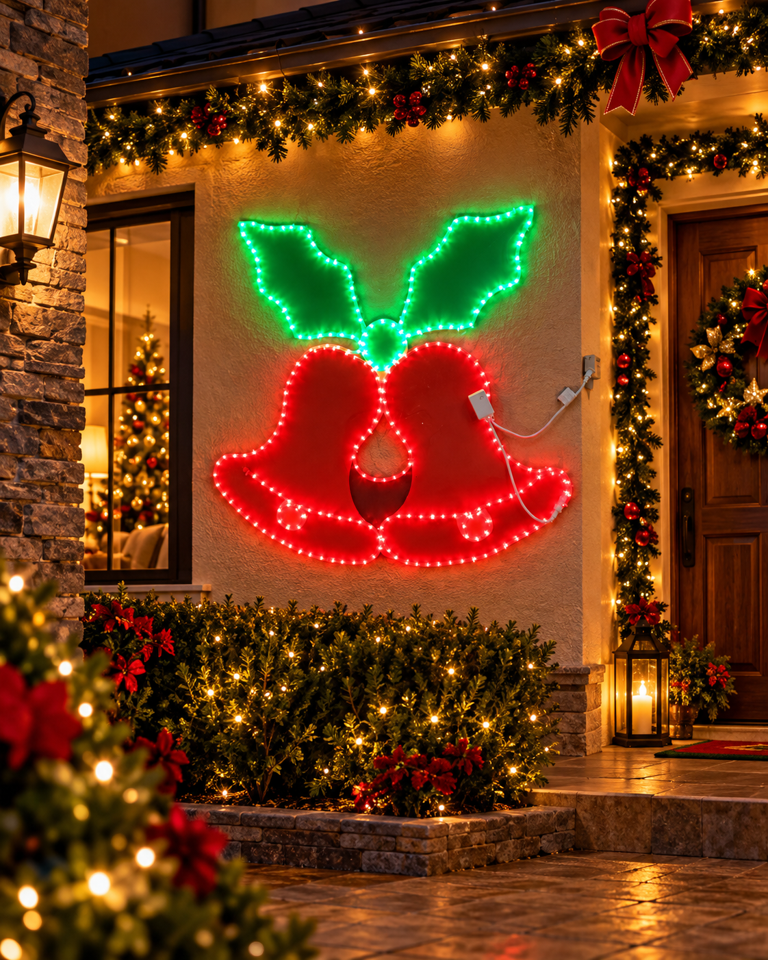 Campanas navideñas con luces LED fabricadas por Iluminavidad para decoración e iluminación de Navidad.