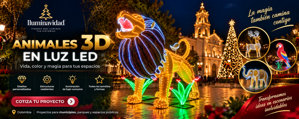Figura de león LED 3D para iluminación navideña de municipios, plazas y parques.