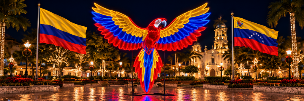 Guacamaya colombiana 3D con luces LED para proyectos de iluminación navideña en Bogotá, Colombia.