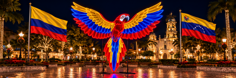 Guacamaya colombiana 3D con luces LED para proyectos de iluminación navideña en Bogotá, Colombia.