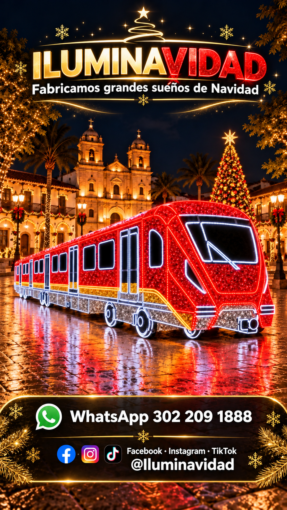 Figura del Metro de Bogotá con luces LED como propuesta de iluminación y decoración navideña en Bogotá.