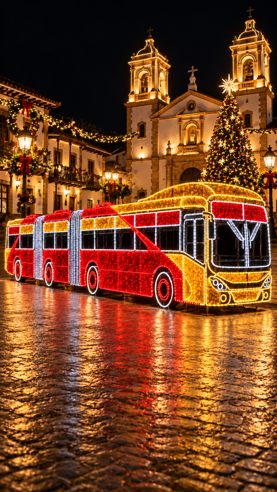 Figura de TransMilenio con luces LED para proyectos de iluminación y decoración navideña en Bogotá.