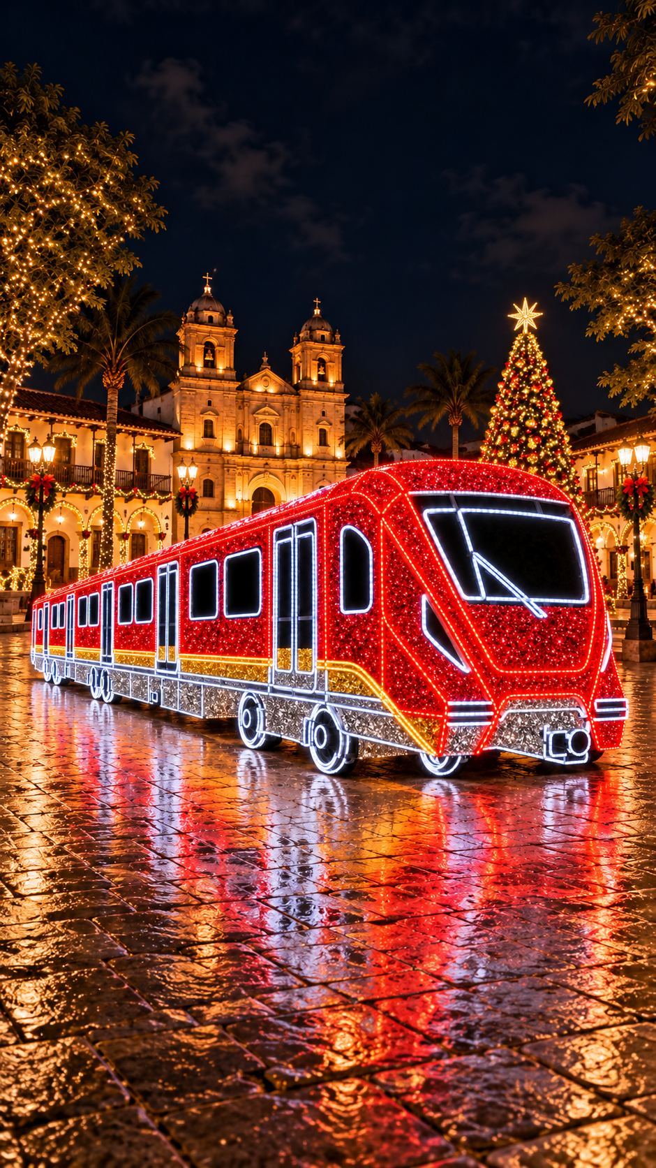 Figura del Metro de Bogotá con luces LED como propuesta de iluminación y decoración navideña en Bogotá.