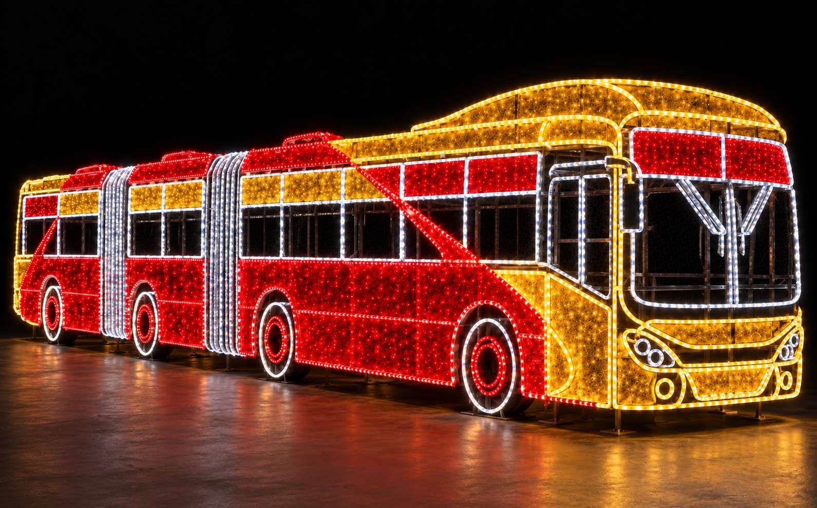 Figura de TransMilenio con luces LED para proyectos de iluminación y decoración navideña en Bogotá.